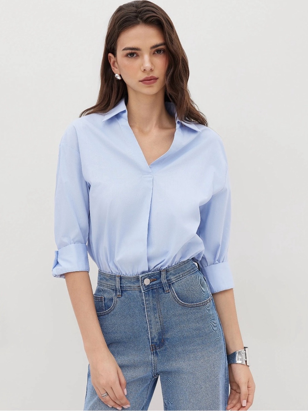 CIDER COTTON-BLEND COLLAR ROLL-UP SLEEVE SHIRT BODYSUIT